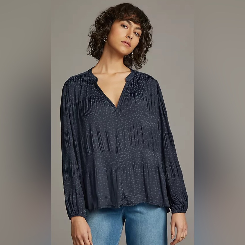 Wonderful Spring Current Air Deep Blue Pleated Blouse